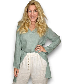 HELGA MAY_DOVETAIL TOP LINEN SAGE GREEN _ DOVETAIL TOP LINEN SAGE GREEN _ Ebony Boutique NZ