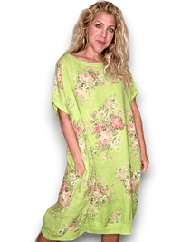 HELGA MAY_ELASTIC HEM DRESS LINEN HIGH TEA BRIGHT LIME _ ELASTIC HEM DRESS LINEN HIGH TEA BRIGHT LIME _ Ebony Boutique NZ