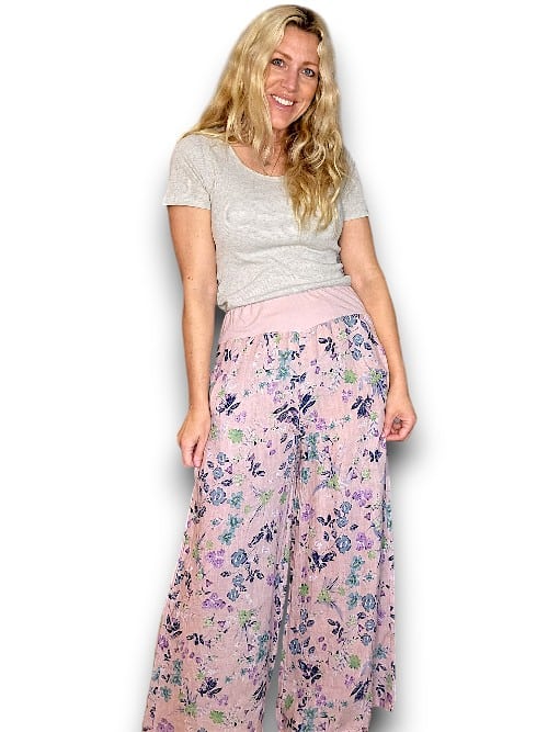HELGA MAY_ELASTIC WAIST LINEN PANT LINEN WILD GARDEN BABY PINK _ ELASTIC WAIST LINEN PANT LINEN WILD GARDEN BABY PINK _ Ebony Boutique NZ