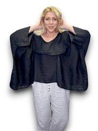 HELGA MAY_FLUTTER FRONT BATSLEEVE TOP LINEN BLACK _ FLUTTER FRONT BATSLEEVE TOP LINEN BLACK _ Ebony Boutique NZ