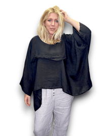 HELGA MAY_FLUTTER FRONT BATSLEEVE TOP LINEN BLACK _ FLUTTER FRONT BATSLEEVE TOP LINEN BLACK _ Ebony Boutique NZ