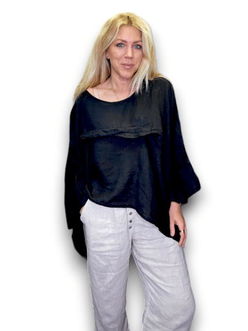 HELGA MAY_FLUTTER FRONT BATSLEEVE TOP LINEN BLACK _ FLUTTER FRONT BATSLEEVE TOP LINEN BLACK _ Ebony Boutique NZ