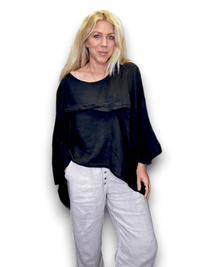 HELGA MAY_FLUTTER FRONT BATSLEEVE TOP LINEN BLACK _ FLUTTER FRONT BATSLEEVE TOP LINEN BLACK _ Ebony Boutique NZ
