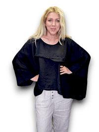 HELGA MAY_FLUTTER FRONT BATSLEEVE TOP LINEN BLACK _ FLUTTER FRONT BATSLEEVE TOP LINEN BLACK _ Ebony Boutique NZ