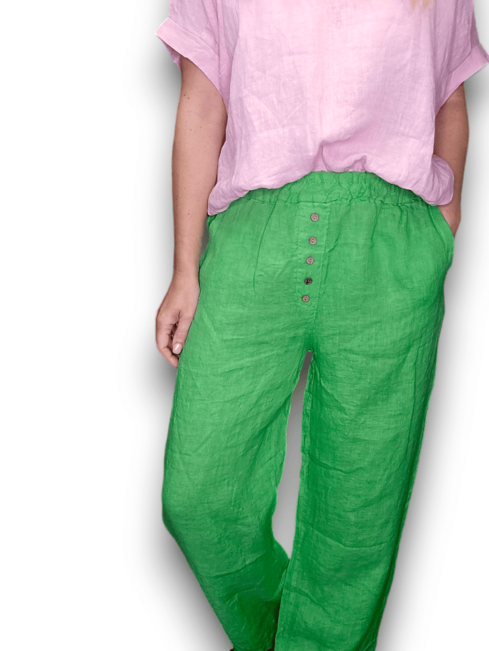 HELGA MAY_FRONT BUTTON PANTS LINEN FRESH GREEN _ FRONT BUTTON PANTS LINEN FRESH GREEN _ Ebony Boutique NZ