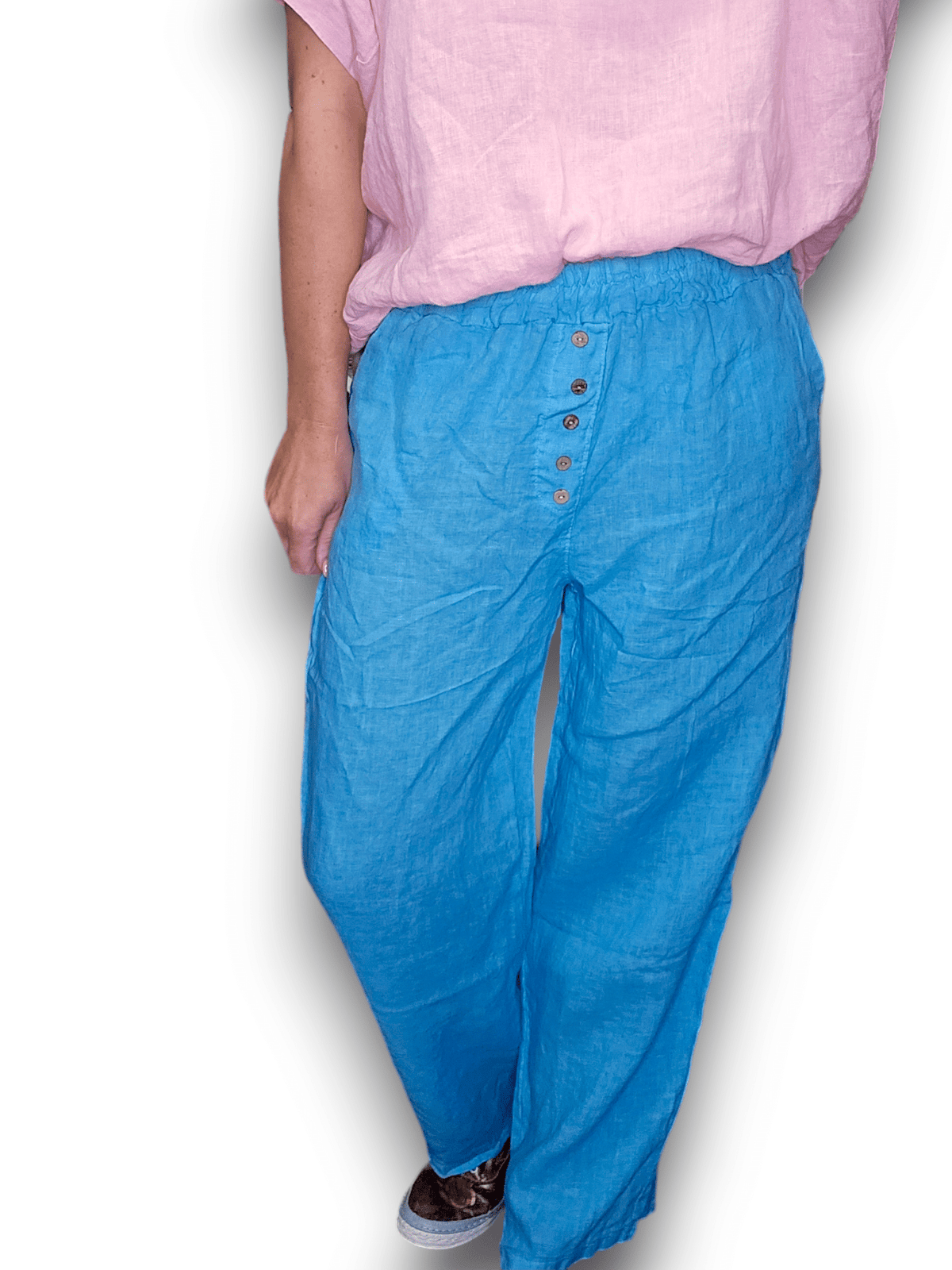 HELGA MAY_FRONT BUTTON PANTS LINEN TURQUOISE _ FRONT BUTTON PANTS LINEN TURQUOISE _ Ebony Boutique NZ