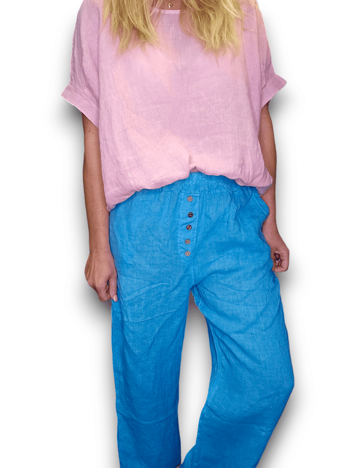 HELGA MAY_FRONT BUTTON PANTS LINEN TURQUOISE _ FRONT BUTTON PANTS LINEN TURQUOISE _ Ebony Boutique NZ