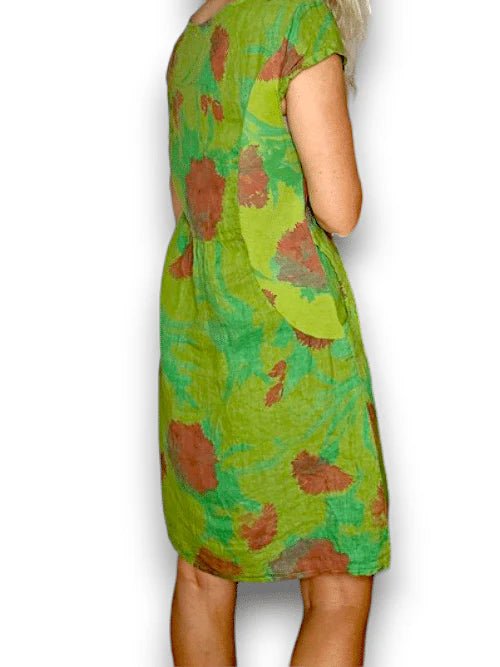 HELGA MAY_KENNEDY DRESS LINEN THISTLE IN RED AVOCADO _ KENNEDY DRESS LINEN THISTLE IN RED AVOCADO _ Ebony Boutique NZ