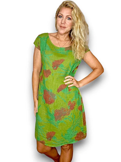 HELGA MAY_KENNEDY DRESS LINEN THISTLE IN RED AVOCADO _ KENNEDY DRESS LINEN THISTLE IN RED AVOCADO _ Ebony Boutique NZ