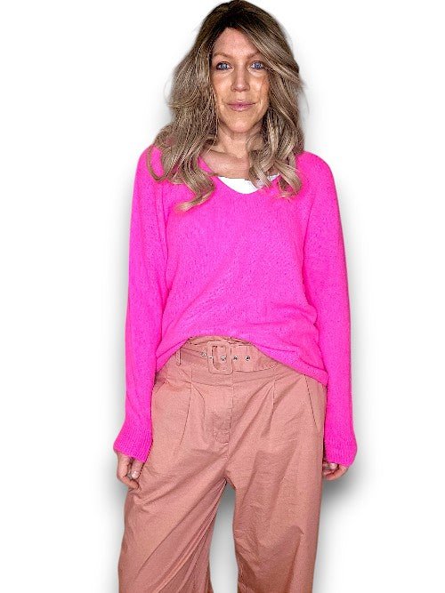 HELGA MAY_KNIT V - NECK LONG SLEEVE BABY ALPACA/BLEND NEON PINK _ KNIT V - NECK LONG SLEEVE BABY ALPACA/BLEND NEON PINK _ Ebony Boutique NZ