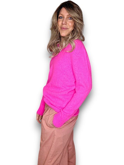 HELGA MAY_KNIT V - NECK LONG SLEEVE BABY ALPACA/BLEND NEON PINK _ KNIT V - NECK LONG SLEEVE BABY ALPACA/BLEND NEON PINK _ Ebony Boutique NZ