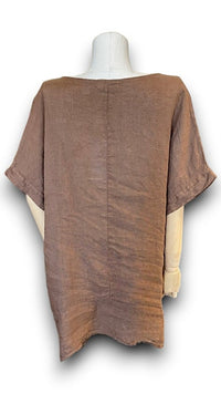 HELGA MAY_LINEN TEE WITH COCONUT BUTTON DETAIL DARK COFFEE _ LINEN TEE WITH COCONUT BUTTON DETAIL DARK COFFEE _ Ebony Boutique NZ