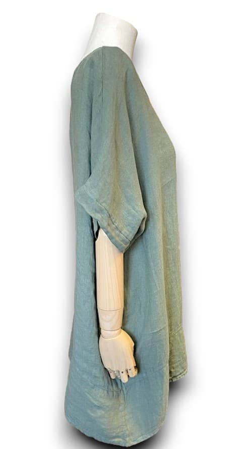 HELGA MAY_LINEN TEE WITH COCONUT BUTTON DETAIL SAGE _ LINEN TEE WITH COCONUT BUTTON DETAIL SAGE _ Ebony Boutique NZ