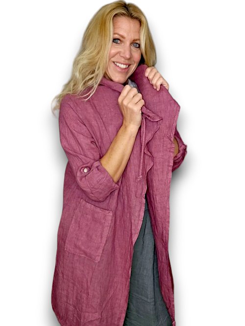 HELGA MAY_LONG DRAWSTRING JACKET LINEN DARK BERRY _ LONG DRAWSTRING JACKET LINEN DARK BERRY _ Ebony Boutique NZ