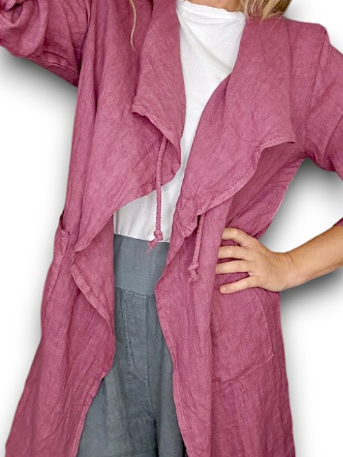 HELGA MAY_LONG DRAWSTRING JACKET LINEN DARK BERRY _ LONG DRAWSTRING JACKET LINEN DARK BERRY _ Ebony Boutique NZ