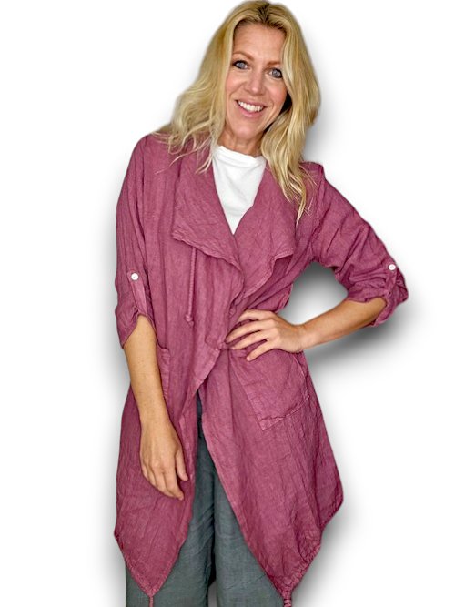 HELGA MAY_LONG DRAWSTRING JACKET LINEN DARK BERRY _ LONG DRAWSTRING JACKET LINEN DARK BERRY _ Ebony Boutique NZ