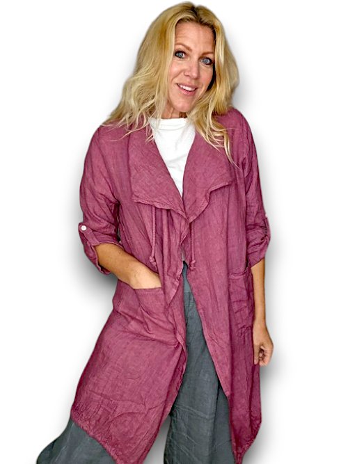 HELGA MAY_LONG DRAWSTRING JACKET LINEN DARK BERRY _ LONG DRAWSTRING JACKET LINEN DARK BERRY _ Ebony Boutique NZ