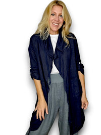 HELGA MAY_LONG DRAWSTRING JACKET LINEN NAVY _ LONG DRAWSTRING JACKET LINEN NAVY _ Ebony Boutique NZ