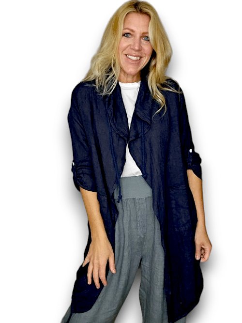 HELGA MAY_LONG DRAWSTRING JACKET LINEN NAVY _ LONG DRAWSTRING JACKET LINEN NAVY _ Ebony Boutique NZ