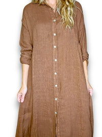 HELGA MAY_MAXI BUTTON SHIRT DRESS LINEN COFFEE _ MAXI BUTTON SHIRT DRESS LINEN COFFEE _ Ebony Boutique NZ