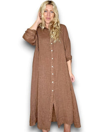 HELGA MAY_MAXI BUTTON SHIRT DRESS LINEN COFFEE _ MAXI BUTTON SHIRT DRESS LINEN COFFEE _ Ebony Boutique NZ