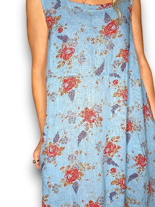 HELGA MAY_MAXI TANK DRESS LINEN RED ROSE TURQUOISE _ MAXI TANK DRESS LINEN RED ROSE TURQUOISE _ Ebony Boutique NZ
