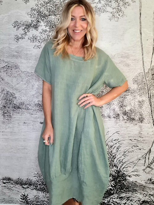 HELGA MAY_MID SLEEVE LINEN MAXI DRESS SAGE _ MID SLEEVE LINEN MAXI DRESS SAGE _ Ebony Boutique NZ