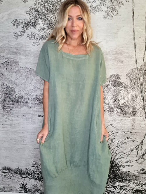 HELGA MAY_MID SLEEVE LINEN MAXI DRESS SAGE _ MID SLEEVE LINEN MAXI DRESS SAGE _ Ebony Boutique NZ