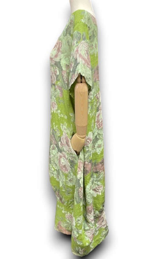HELGA MAY_MID SLEEVE LINEN MAXI DRESS SCARLETT ROSE ANTIQUE LIME _ MID SLEEVE LINEN MAXI DRESS SCARLETT ROSE ANTIQUE LIME _ Ebony Boutique NZ