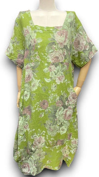 HELGA MAY_MID SLEEVE LINEN MAXI DRESS SCARLETT ROSE ANTIQUE LIME _ MID SLEEVE LINEN MAXI DRESS SCARLETT ROSE ANTIQUE LIME _ Ebony Boutique NZ