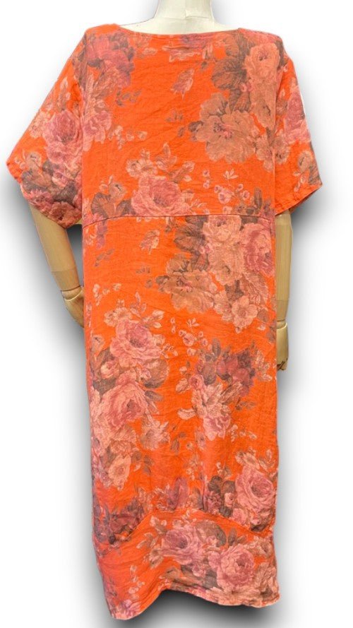 HELGA MAY_MID SLEEVE LINEN MAXI DRESS SCARLETT ROSE ORANGE _ MID SLEEVE LINEN MAXI DRESS SCARLETT ROSE ORANGE _ Ebony Boutique NZ