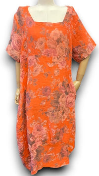 HELGA MAY_MID SLEEVE LINEN MAXI DRESS SCARLETT ROSE ORANGE _ MID SLEEVE LINEN MAXI DRESS SCARLETT ROSE ORANGE _ Ebony Boutique NZ