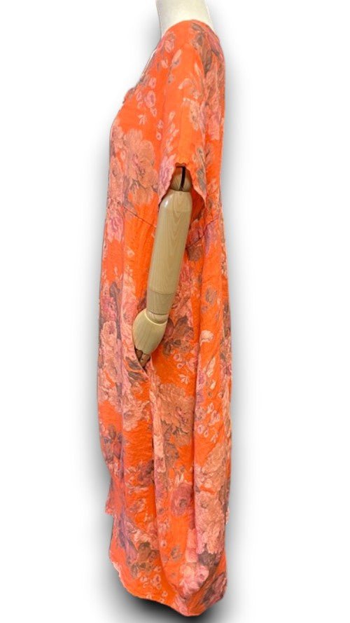 HELGA MAY_MID SLEEVE LINEN MAXI DRESS SCARLETT ROSE ORANGE _ MID SLEEVE LINEN MAXI DRESS SCARLETT ROSE ORANGE _ Ebony Boutique NZ