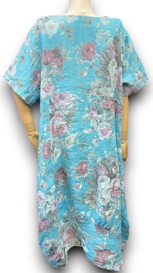 HELGA MAY_MID SLEEVE LINEN MAXI DRESS SCARLETT ROSE TURQUOISE _ MID SLEEVE LINEN MAXI DRESS SCARLETT ROSE TURQUOISE _ Ebony Boutique NZ
