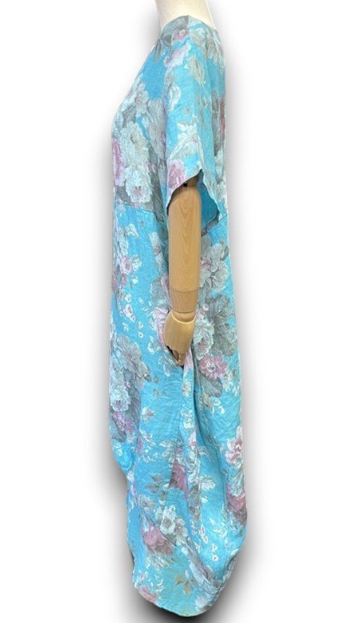 HELGA MAY_MID SLEEVE LINEN MAXI DRESS SCARLETT ROSE TURQUOISE _ MID SLEEVE LINEN MAXI DRESS SCARLETT ROSE TURQUOISE _ Ebony Boutique NZ