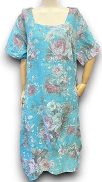HELGA MAY_MID SLEEVE LINEN MAXI DRESS SCARLETT ROSE TURQUOISE _ MID SLEEVE LINEN MAXI DRESS SCARLETT ROSE TURQUOISE _ Ebony Boutique NZ