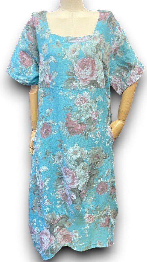 HELGA MAY_MID SLEEVE LINEN MAXI DRESS SCARLETT ROSE TURQUOISE _ MID SLEEVE LINEN MAXI DRESS SCARLETT ROSE TURQUOISE _ Ebony Boutique NZ