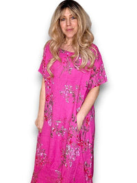 HELGA MAY_MID SLEEVE MAXI DRESS LINEN LINGONBERRY HOT PINK _ MID SLEEVE MAXI DRESS LINEN LINGONBERRY HOT PINK _ Ebony Boutique NZ