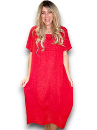 HELGA MAY_MID SLEEVE MAXI DRESS LINEN RED _ MID SLEEVE MAXI DRESS LINEN RED _ Ebony Boutique NZ