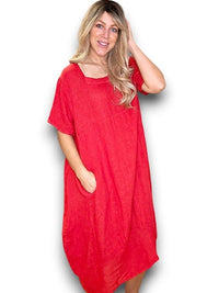 HELGA MAY_MID SLEEVE MAXI DRESS LINEN RED _ MID SLEEVE MAXI DRESS LINEN RED _ Ebony Boutique NZ