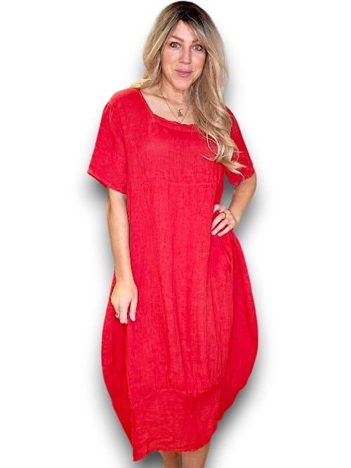HELGA MAY_MID SLEEVE MAXI DRESS LINEN RED _ MID SLEEVE MAXI DRESS LINEN RED _ Ebony Boutique NZ