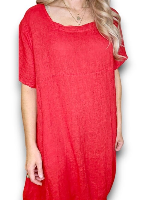 HELGA MAY_MID SLEEVE MAXI DRESS LINEN RED _ MID SLEEVE MAXI DRESS LINEN RED _ Ebony Boutique NZ