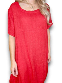 HELGA MAY_MID SLEEVE MAXI DRESS LINEN RED _ MID SLEEVE MAXI DRESS LINEN RED _ Ebony Boutique NZ