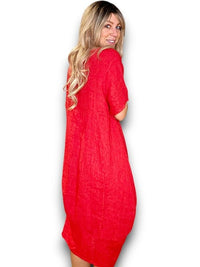 HELGA MAY_MID SLEEVE MAXI DRESS LINEN RED _ MID SLEEVE MAXI DRESS LINEN RED _ Ebony Boutique NZ