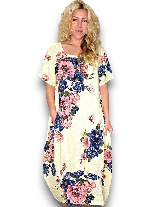 HELGA MAY_MID SLEEVE MAXI LINEN DRESS PETAL BLOOM LEMON _ MID SLEEVE MAXI LINEN DRESS PETAL BLOOM LEMON _ Ebony Boutique NZ