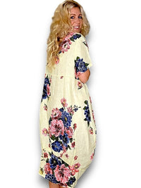 HELGA MAY_MID SLEEVE MAXI LINEN DRESS PETAL BLOOM LEMON _ MID SLEEVE MAXI LINEN DRESS PETAL BLOOM LEMON _ Ebony Boutique NZ