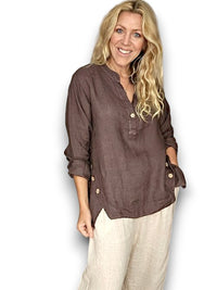 HELGA MAY_MULTI BUTTON LONG SLEEVE LINEN TOP COFFEE _ MULTI BUTTON LONG SLEEVE LINEN TOP COFFEE _ Ebony Boutique NZ