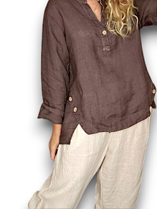 HELGA MAY_MULTI BUTTON LONG SLEEVE LINEN TOP COFFEE _ MULTI BUTTON LONG SLEEVE LINEN TOP COFFEE _ Ebony Boutique NZ