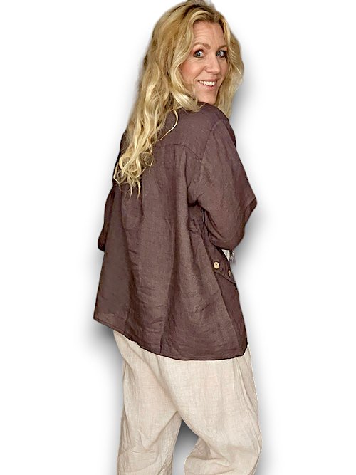 HELGA MAY_MULTI BUTTON LONG SLEEVE LINEN TOP COFFEE _ MULTI BUTTON LONG SLEEVE LINEN TOP COFFEE _ Ebony Boutique NZ