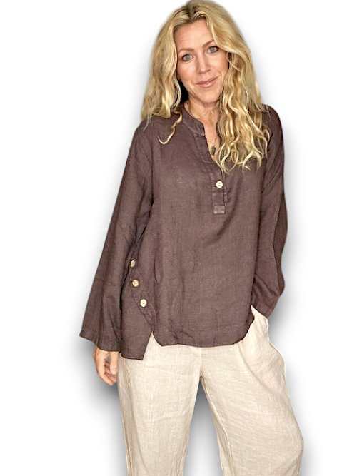 HELGA MAY_MULTI BUTTON LONG SLEEVE LINEN TOP COFFEE _ MULTI BUTTON LONG SLEEVE LINEN TOP COFFEE _ Ebony Boutique NZ
